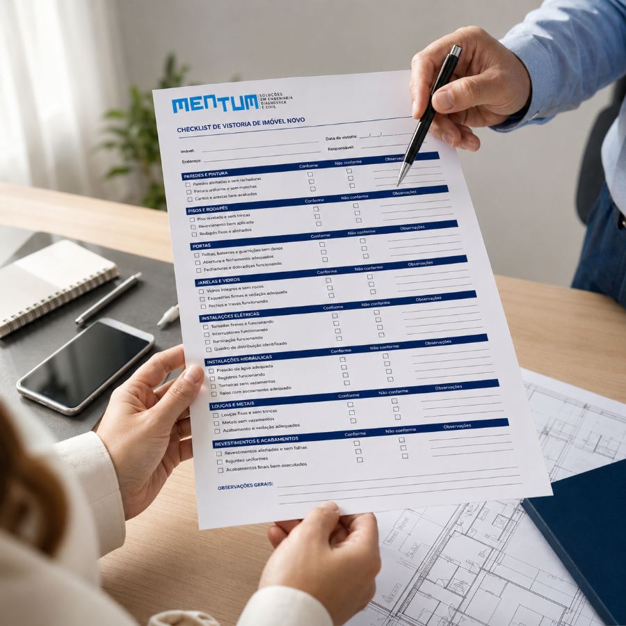 Checklist de vistoria de imóvel novo da Mentum sendo conferido sobre a mesa, ao lado das plantas do apartamento